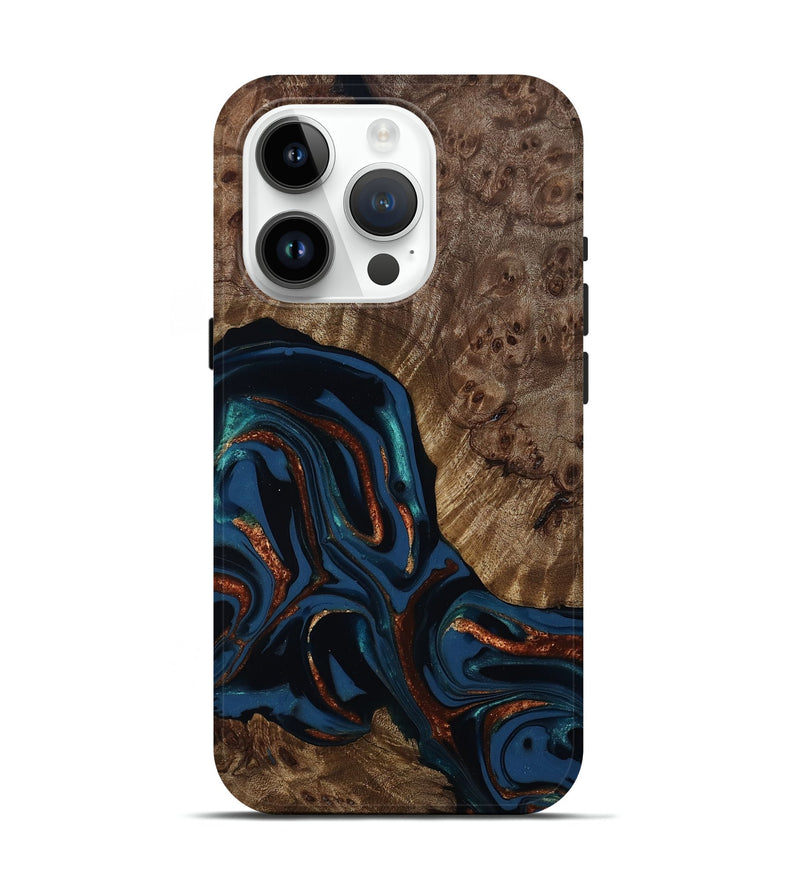 iPhone 15 Pro Wood Live Edge Phone Case - Velda (Teal & Gold, 809433)