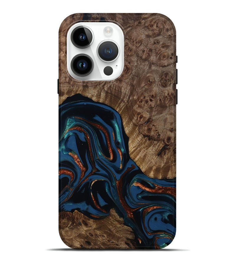 iPhone 15 Pro Max Wood Live Edge Phone Case - Velda (Teal & Gold, 809433)