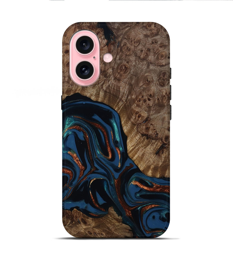 iPhone 16 Wood Live Edge Phone Case - Velda (Teal & Gold, 809433)