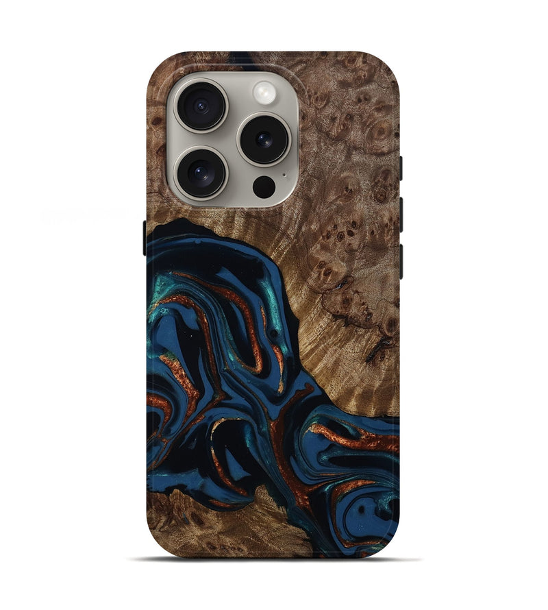 iPhone 16 Pro Wood Live Edge Phone Case - Velda (Teal & Gold, 809433)