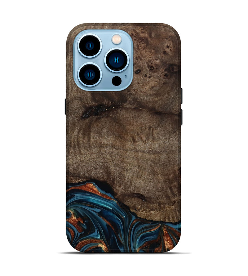 iPhone 14 Pro Wood Live Edge Phone Case - Skyler (Teal & Gold, 809440)