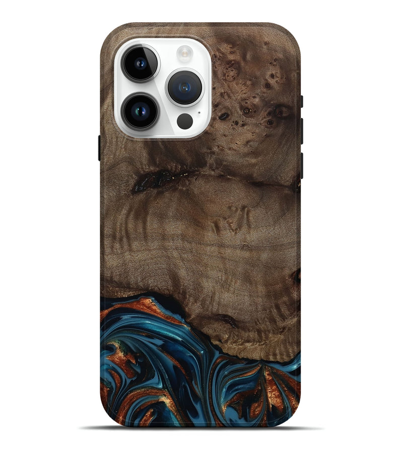 iPhone 15 Pro Max Wood Live Edge Phone Case - Skyler (Teal & Gold, 809440)