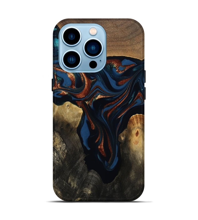 iPhone 14 Pro Wood Live Edge Phone Case - Phoebe (Teal & Gold, 809448)