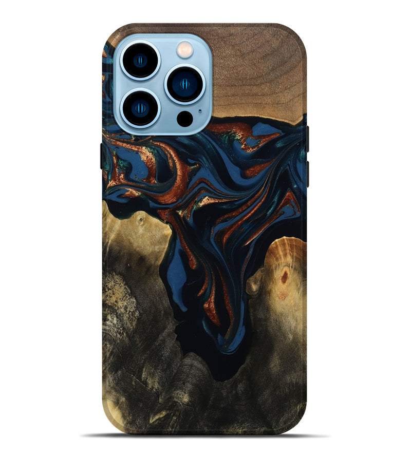 iPhone 14 Pro Max Wood Live Edge Phone Case - Phoebe (Teal & Gold, 809448)