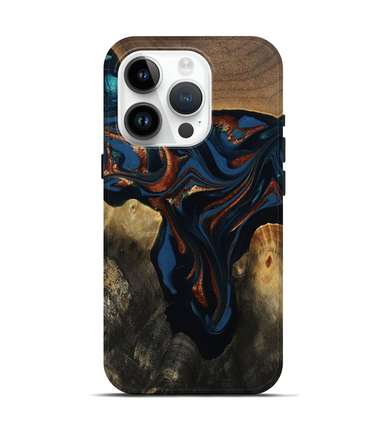 iPhone 15 Pro Wood Live Edge Phone Case - Phoebe (Teal & Gold, 809448)