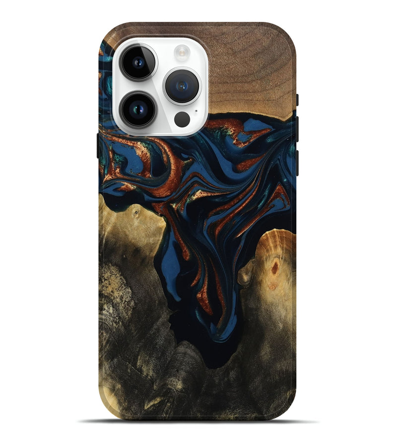 iPhone 15 Pro Max Wood Live Edge Phone Case - Phoebe (Teal & Gold, 809448)