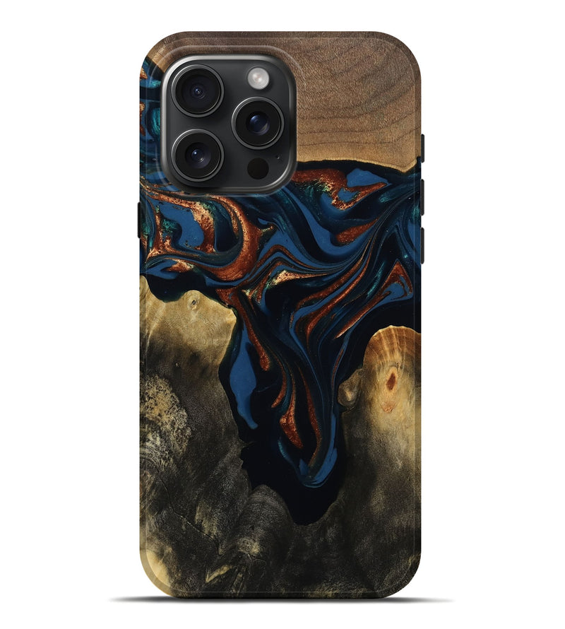 iPhone 16 Pro Max Wood Live Edge Phone Case - Phoebe (Teal & Gold, 809448)