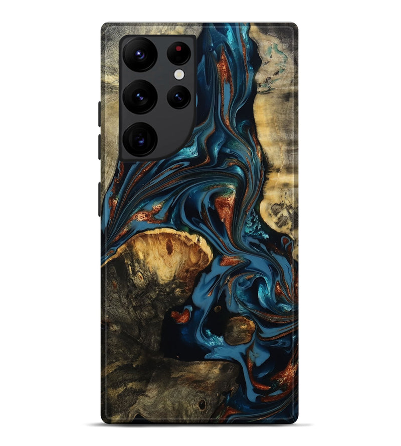 Galaxy S22 Ultra Wood Live Edge Phone Case - Avi (Teal & Gold, 809466)