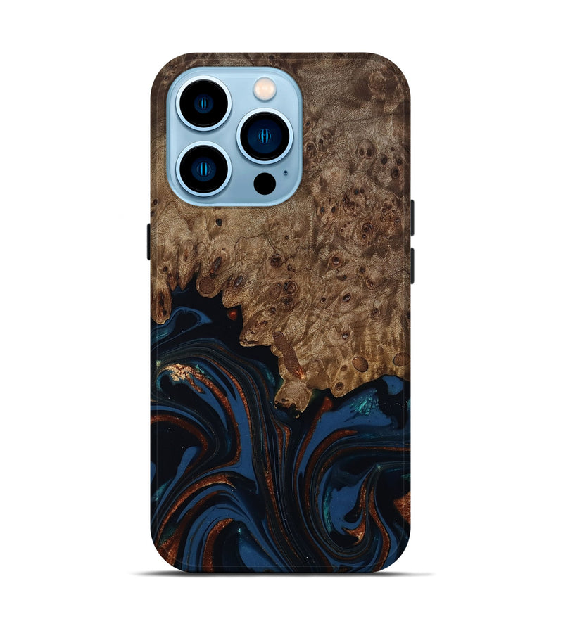 iPhone 14 Pro Wood Live Edge Phone Case - Roger (Teal & Gold, 809468)