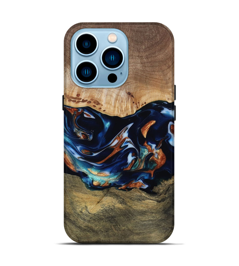 iPhone 14 Pro Wood Live Edge Phone Case - Adley (Teal & Gold, 809780)