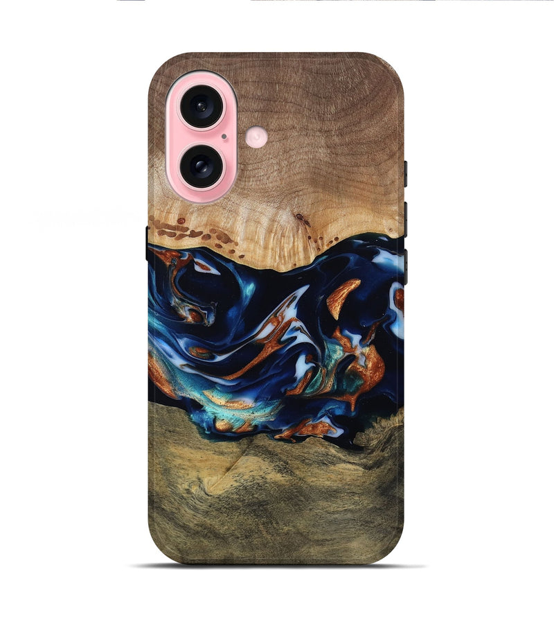 iPhone 16 Wood Live Edge Phone Case - Adley (Teal & Gold, 809780)