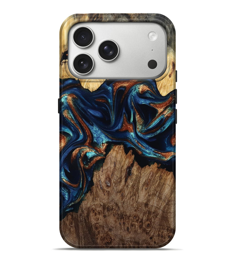 iPhone 17 Pro Max Wood Live Edge Phone Case - Elissa (Teal & Gold, 809791)
