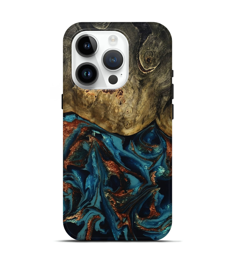 iPhone 15 Pro Wood Live Edge Phone Case - Camila (Teal & Gold, 809906)
