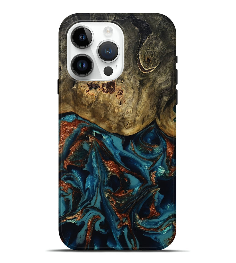 iPhone 15 Pro Max Wood Live Edge Phone Case - Camila (Teal & Gold, 809906)