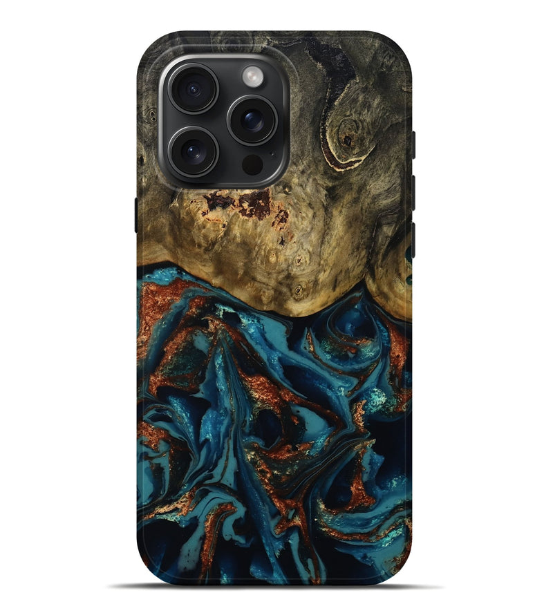 iPhone 16 Pro Max Wood Live Edge Phone Case - Camila (Teal & Gold, 809906)