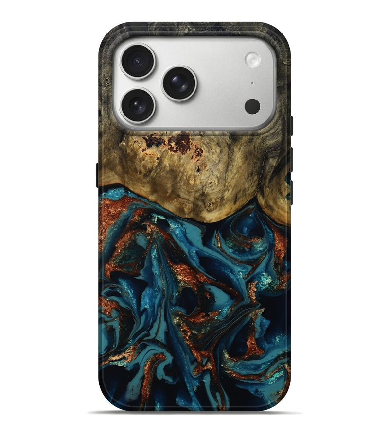 iPhone 17 Pro Max Wood Live Edge Phone Case - Camila (Teal & Gold, 809906)