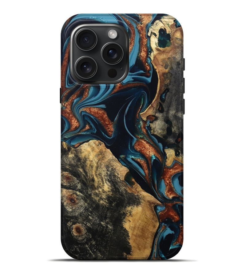 iPhone 16 Pro Max Wood Live Edge Phone Case - Allene (Teal & Gold, 810415)