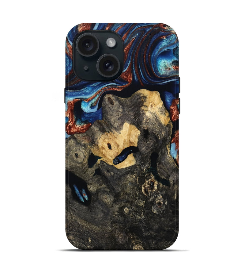 iPhone 15 Wood Live Edge Phone Case - Kala (Teal & Gold, 810418)