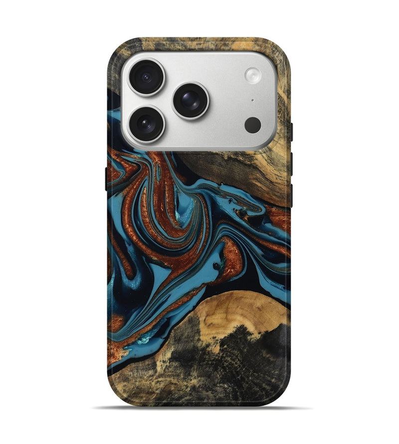 iPhone 17 Pro Wood Live Edge Phone Case - Waylen (Teal & Gold, 810428)