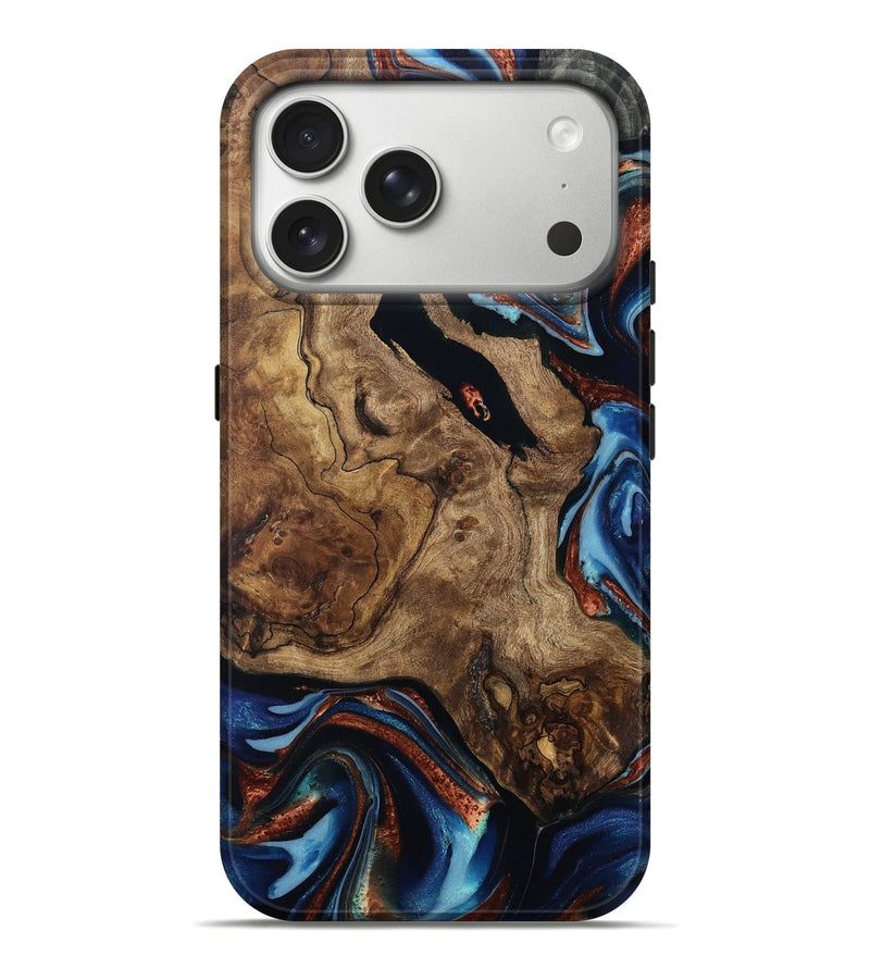 iPhone 17 Pro Max Wood Live Edge Phone Case - Kasen (Teal & Gold, 810429)