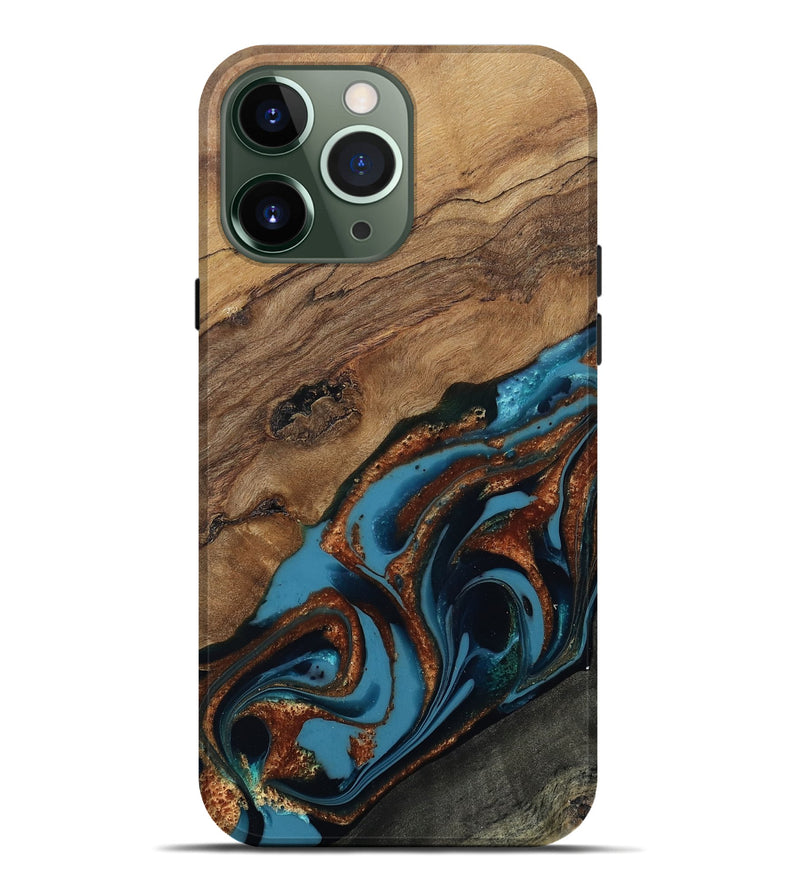 iPhone 13 Pro Max Wood Live Edge Phone Case - Mildred (Teal & Gold, 810430)