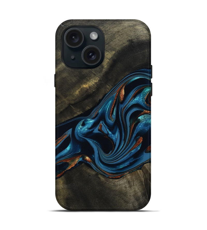 iPhone 15 Wood Live Edge Phone Case - Kaiya (Teal & Gold, 810782)
