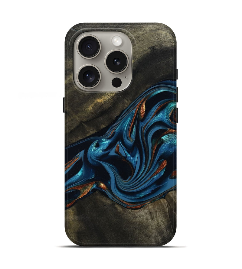 iPhone 16 Pro Wood Live Edge Phone Case - Kaiya (Teal & Gold, 810782)