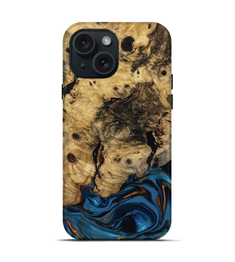 iPhone 15 Wood Live Edge Phone Case - Minor (Teal & Gold, 810790)