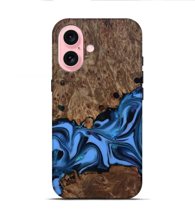 iPhone 16 Wood Live Edge Phone Case - Dorris (Blue, 811447)