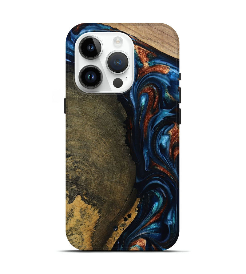 iPhone 15 Pro Wood Live Edge Phone Case - Madisyn (Teal & Gold, 811845)