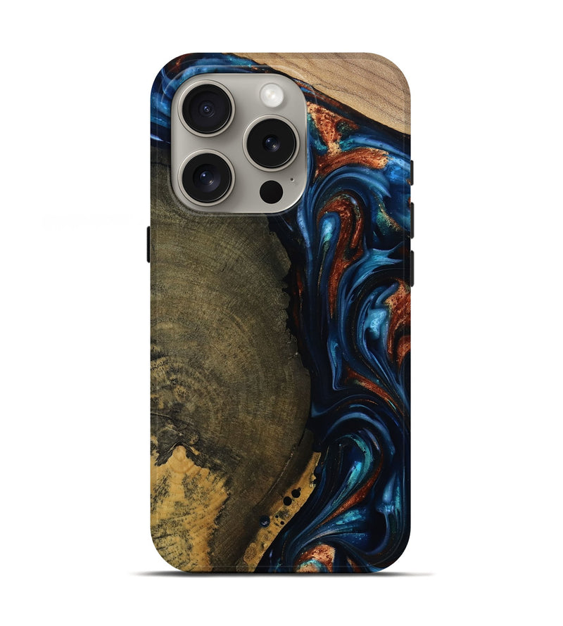 iPhone 16 Pro Wood Live Edge Phone Case - Madisyn (Teal & Gold, 811845)