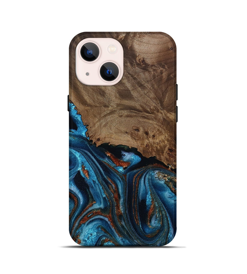 iPhone 13 mini Wood Live Edge Phone Case - India (Teal & Gold, 811871)