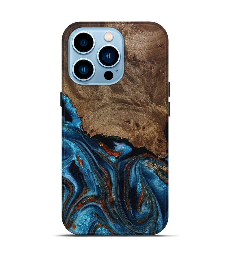 iPhone 14 Pro Wood Live Edge Phone Case - India (Teal & Gold, 811871)