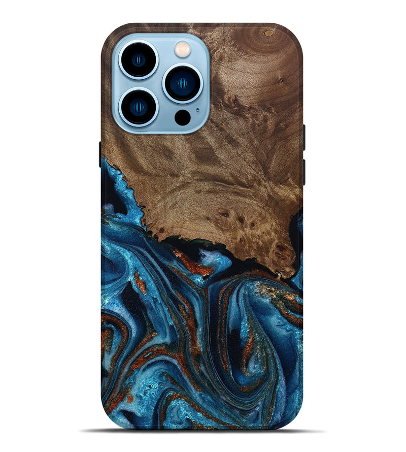 iPhone 14 Pro Max Wood Live Edge Phone Case - India (Teal & Gold, 811871)