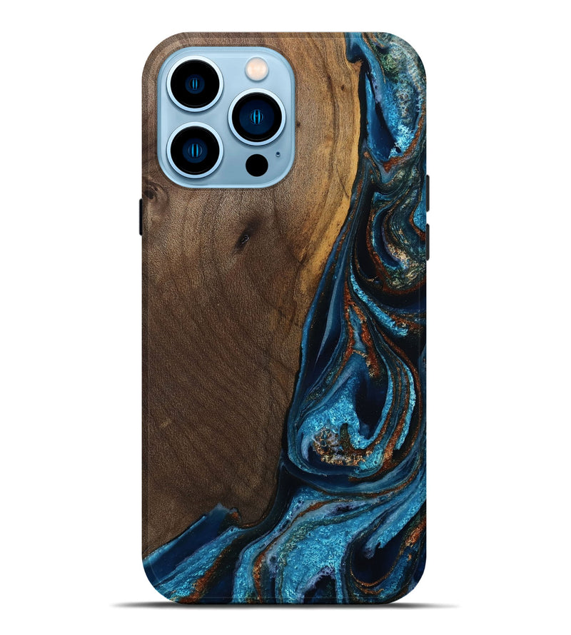 iPhone 14 Pro Max Wood Live Edge Phone Case - Delano (Teal & Gold, 811872)