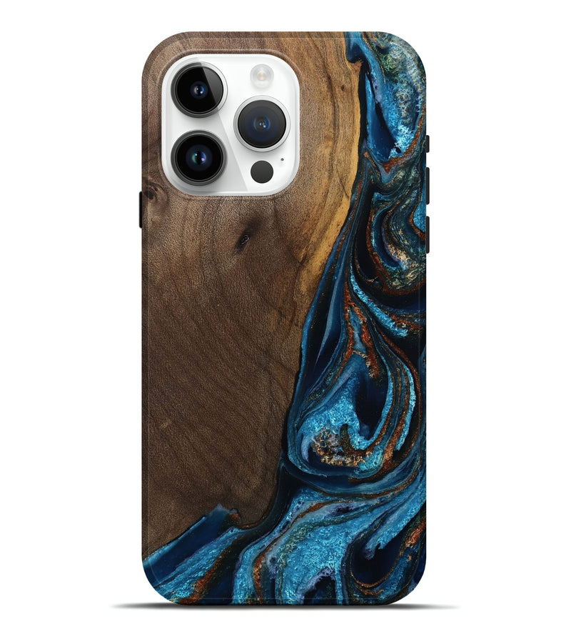 iPhone 15 Pro Max Wood Live Edge Phone Case - Delano (Teal & Gold, 811872)