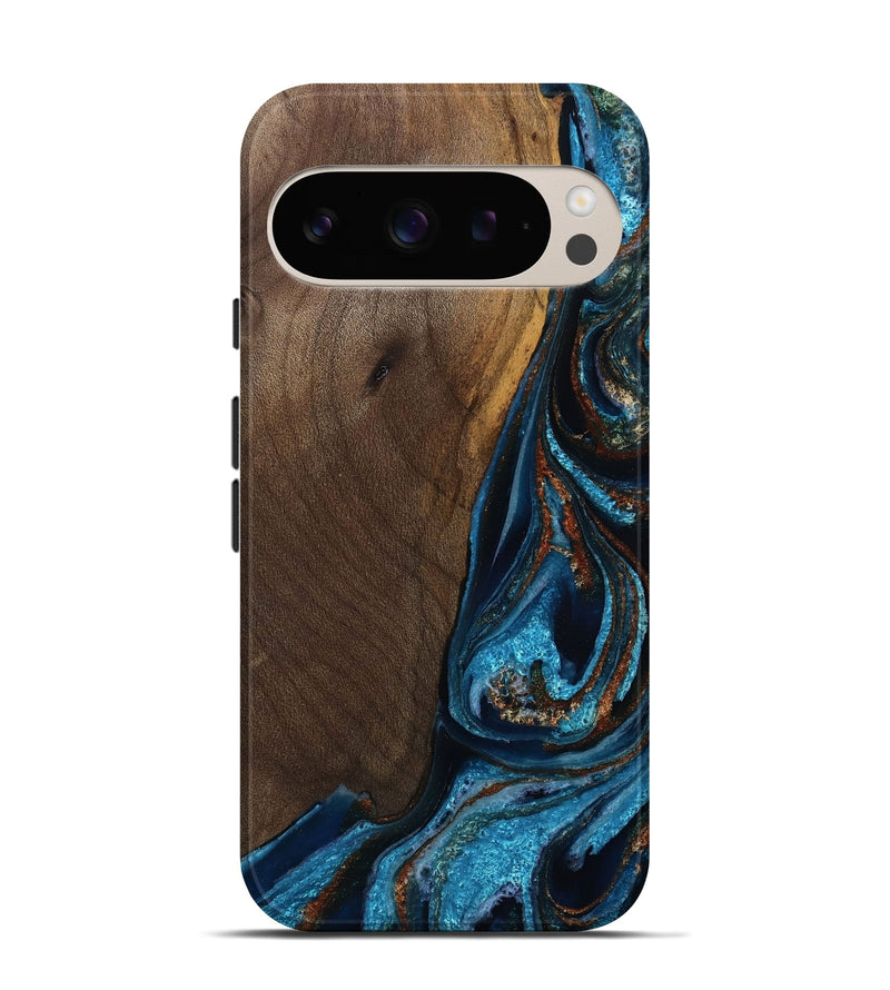 Pixel 9 Wood Live Edge Phone Case - Delano (Teal & Gold, 811872)