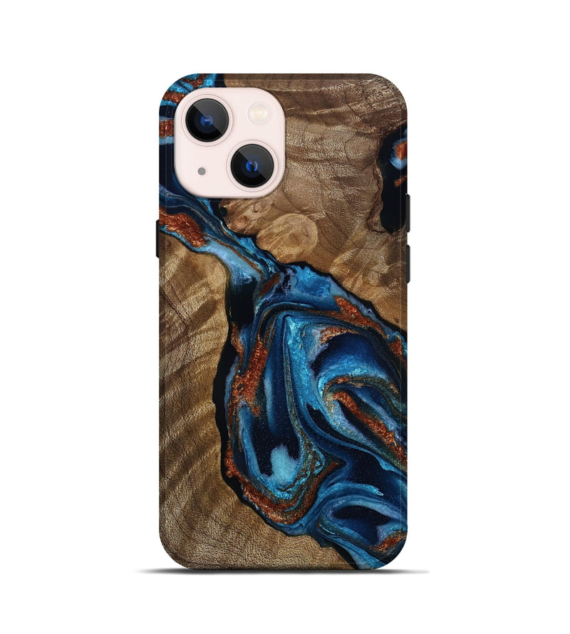 iPhone 13 mini Wood Live Edge Phone Case - Fran (Teal & Gold, 811873)