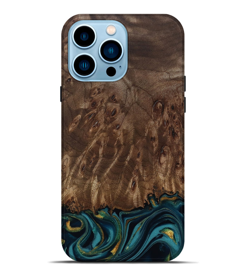 iPhone 14 Pro Max Wood Live Edge Phone Case - Errol (Teal & Gold, 811878)