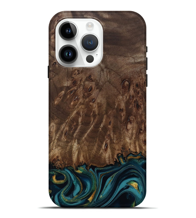 iPhone 15 Pro Max Wood Live Edge Phone Case - Errol (Teal & Gold, 811878)