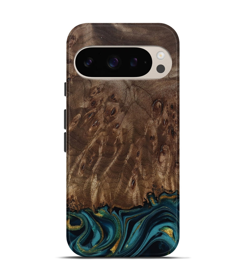 Pixel 9 Pro Wood Live Edge Phone Case - Errol (Teal & Gold, 811878)