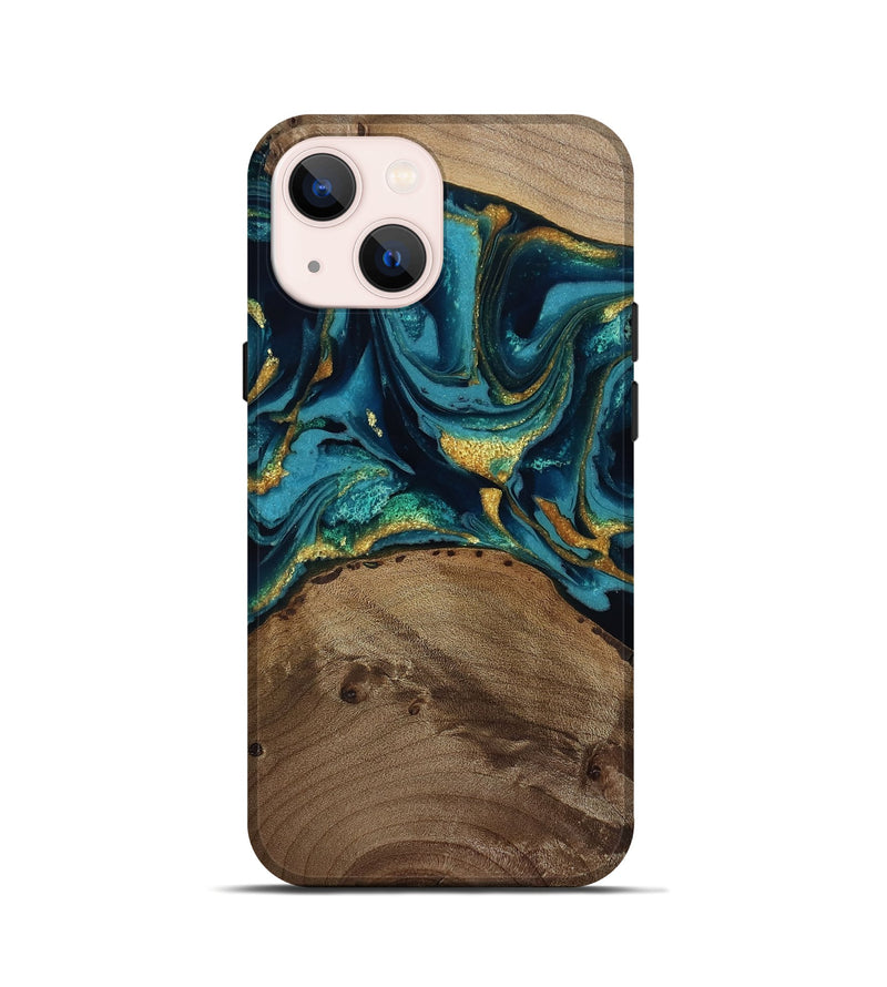 iPhone 13 mini Wood Live Edge Phone Case - Isom (Teal & Gold, 811880)