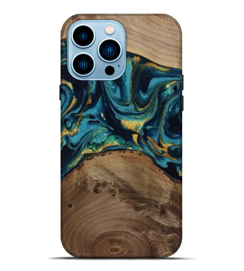 iPhone 14 Pro Max Wood Live Edge Phone Case - Isom (Teal & Gold, 811880)