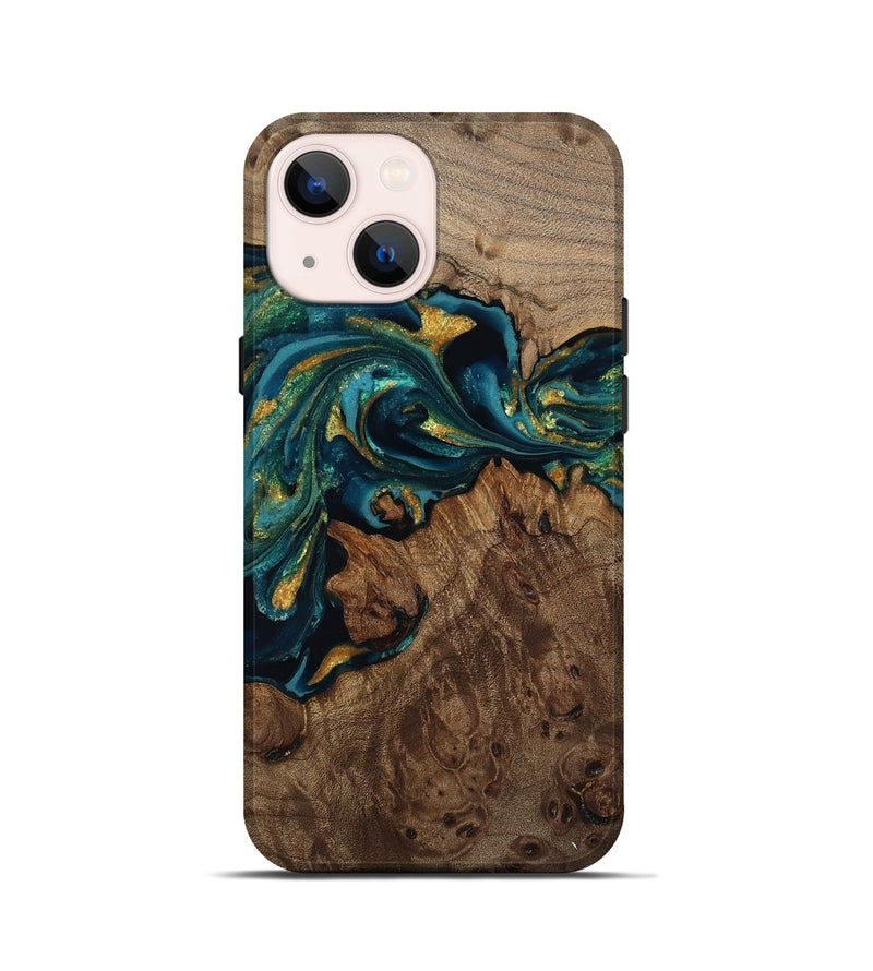 iPhone 13 mini Wood Live Edge Phone Case - Jaylin (Teal & Gold, 811882)