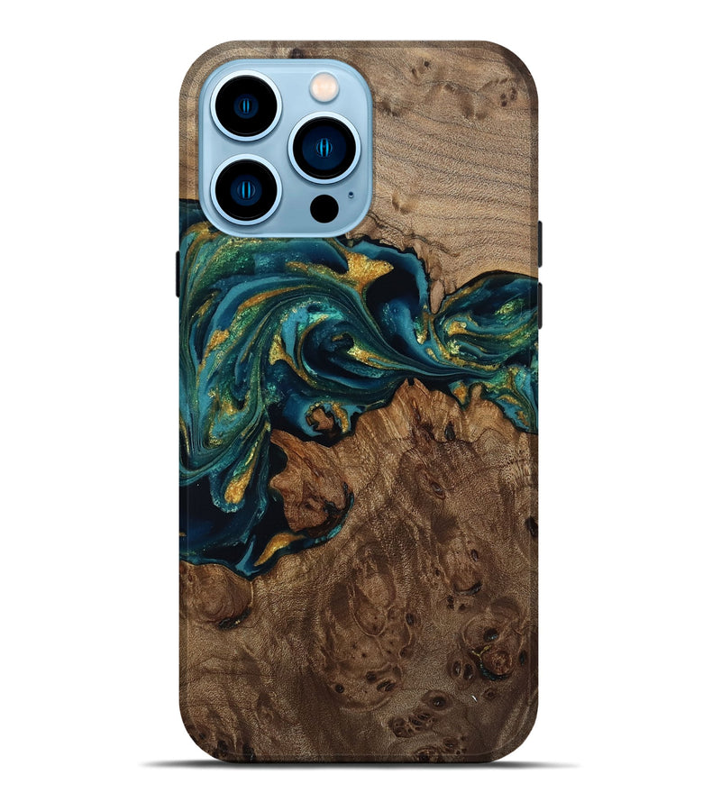 iPhone 14 Pro Max Wood Live Edge Phone Case - Jaylin (Teal & Gold, 811882)