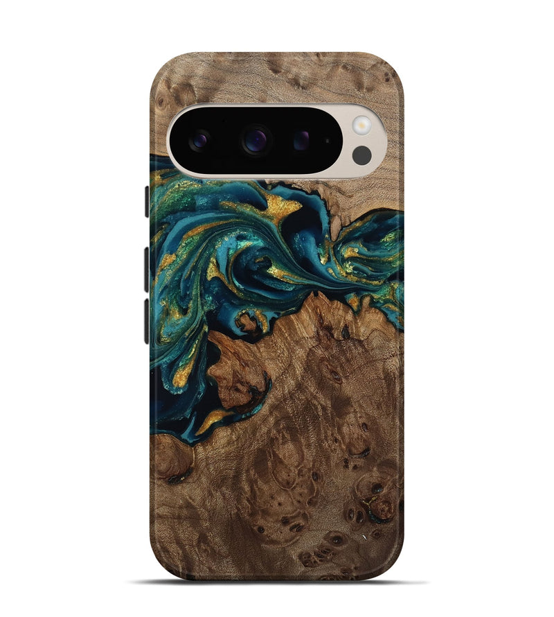 Pixel 9 Wood Live Edge Phone Case - Jaylin (Teal & Gold, 811882)