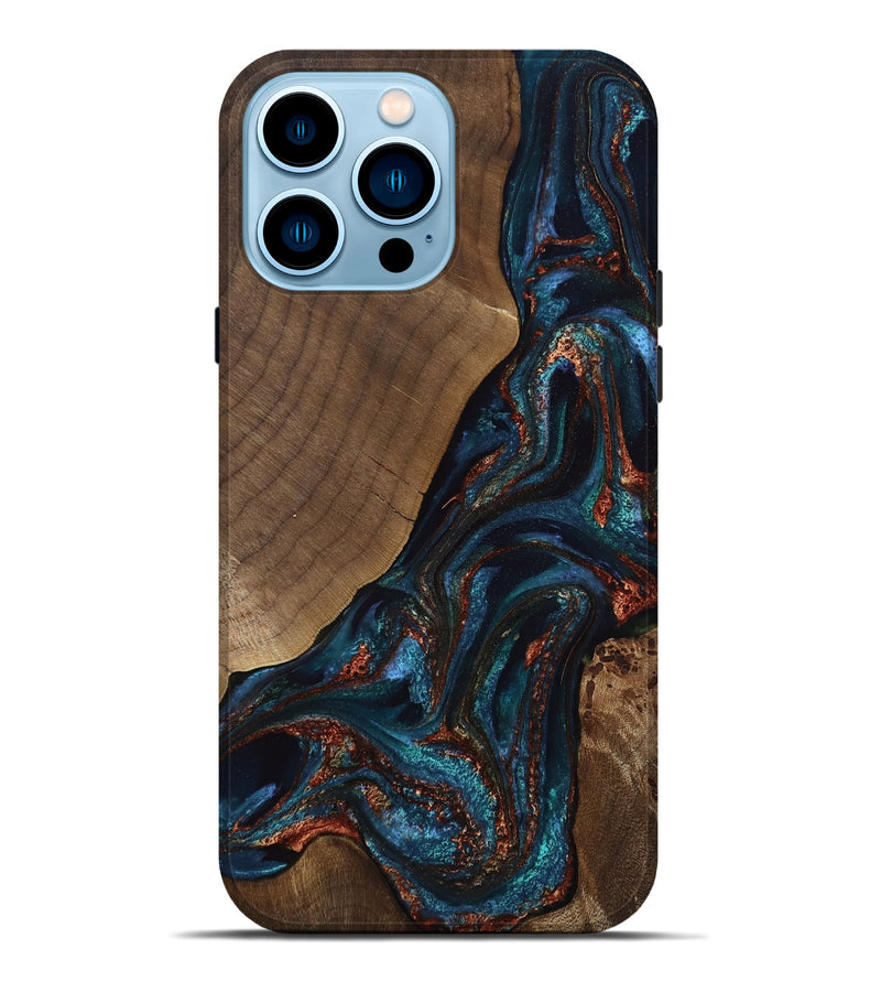 iPhone 14 Pro Max Wood Live Edge Phone Case - Salma (Teal & Gold, 811883)