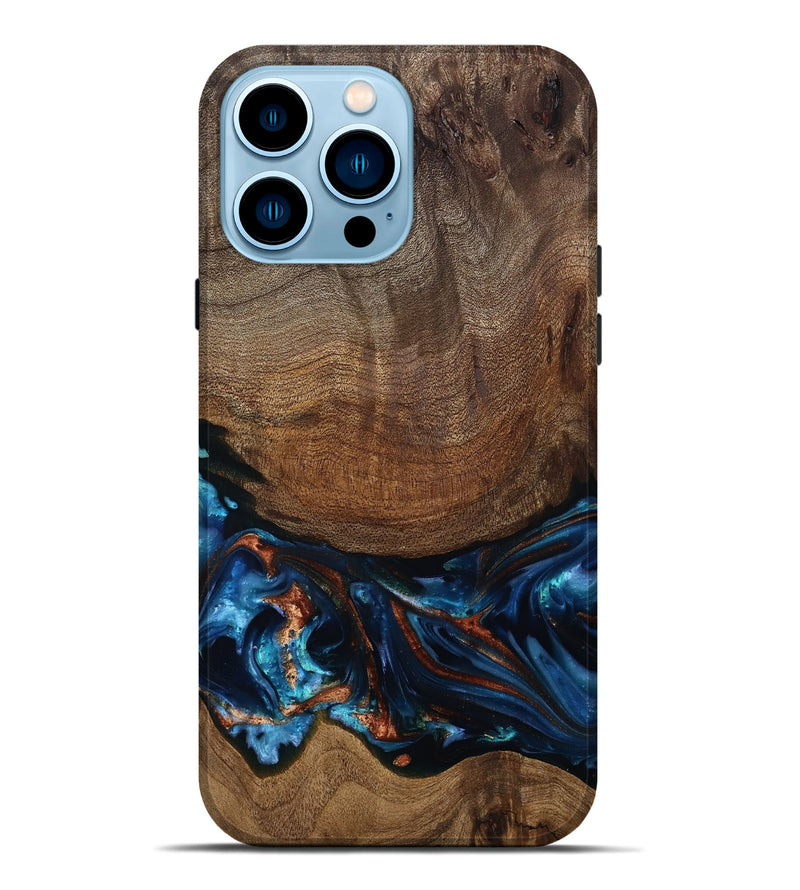 iPhone 14 Pro Max Wood Live Edge Phone Case - Julius (Teal & Gold, 811884)