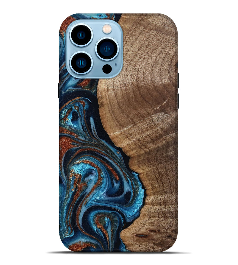 iPhone 14 Pro Max Wood Live Edge Phone Case - Ludwig (Teal & Gold, 811888)