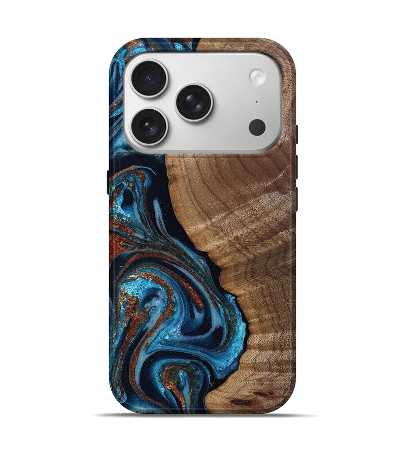 iPhone 17 Pro Wood Live Edge Phone Case - Ludwig (Teal & Gold, 811888)